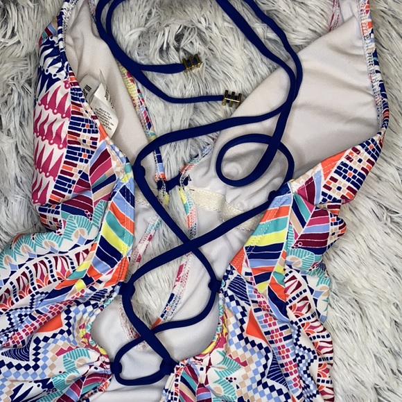 Bar III Printed Plunge Lace Up One Piece Swimsuit - Picture 4 of 6